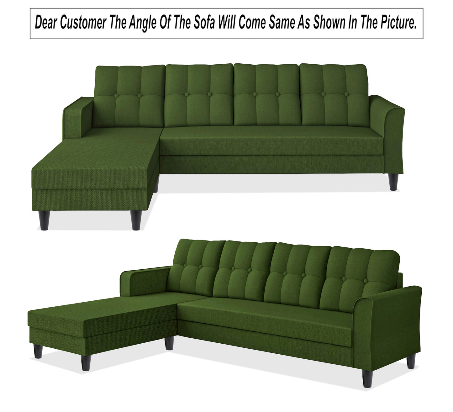 Adorn India Maddox Tufted L Shape 5 Seater Sofa Set LHS (Green) (3 Year Warranty)