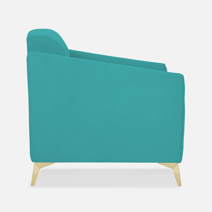 Adorn India Premium Valentino 1 Seater Sofa | Velvet Suede Fabric | 3-Year Warranty | Color Aqua Blue with Golden Legs & Striped Pattern Cushion
