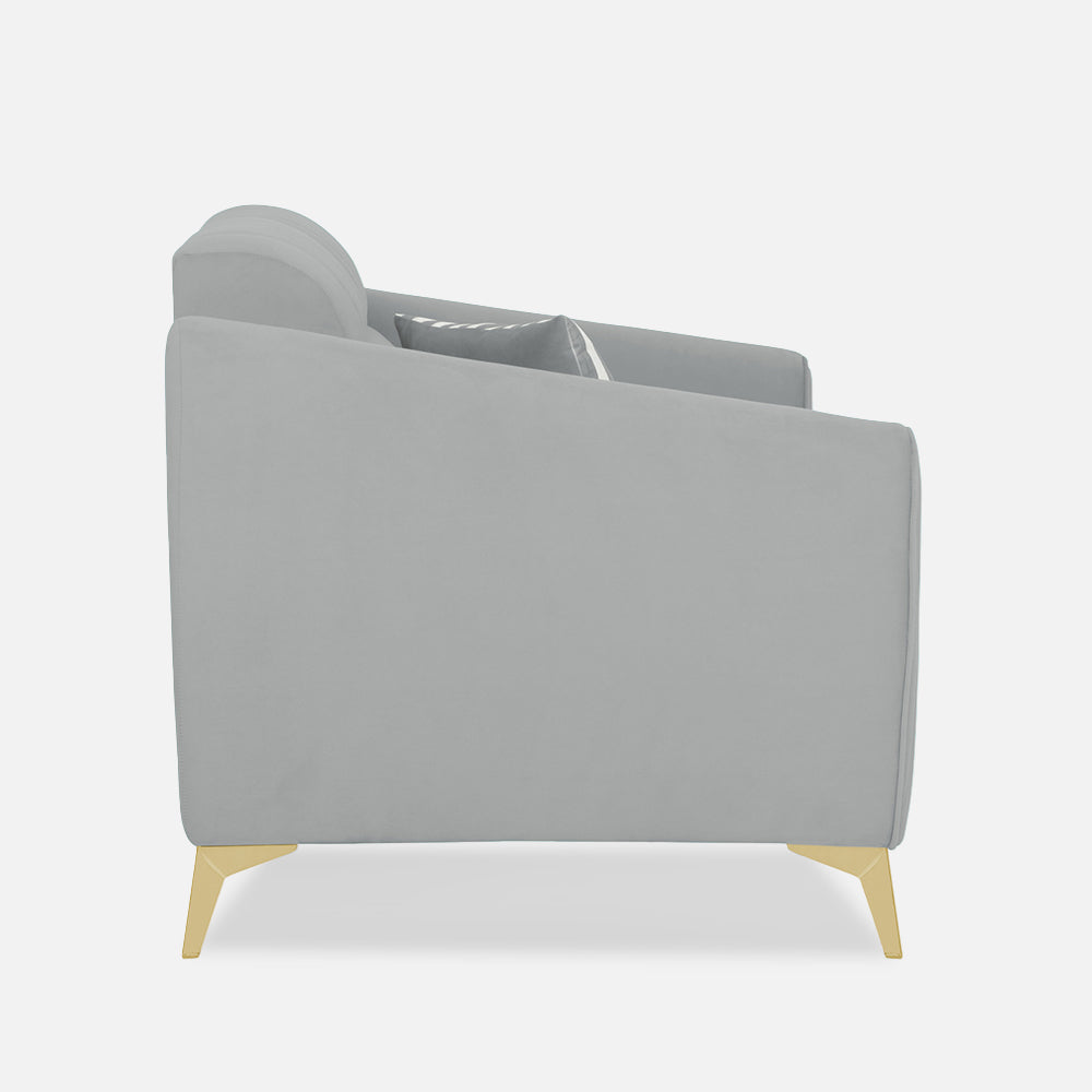 Adorn India Premium Valentino 2 Seater Sofa | Velvet Suede Fabric | 3-Year Warranty | Color Grey with Golden Legs & Striped Pattern Cushion