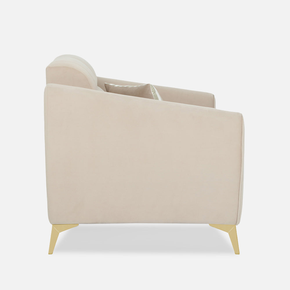 Adorn India Premium Valentino 2 Seater Sofa | Velvet Suede Fabric | 3-Year Warranty | Color Beige with Golden Legs & Striped Pattern Cushion
