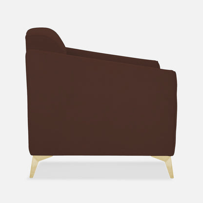 Adorn India Premium Valentino 1 Seater Sofa | Velvet Suede Fabric | 3-Year Warranty | Color Brown with Golden Legs & Striped Pattern Cushion