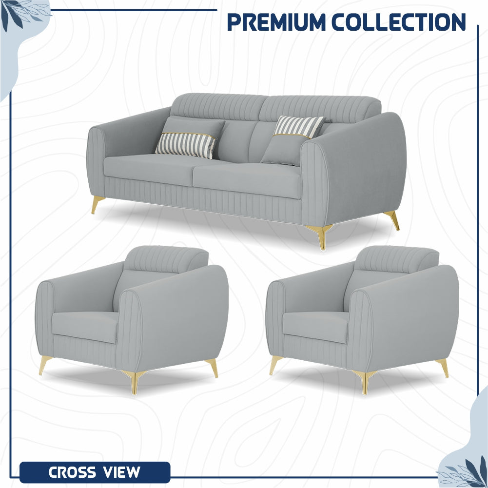 Adorn India Premium Valentino 3-1-1 Sofa Set | Velvet Suede Fabric | 3-Year Warranty | Color Grey with Golden Legs & Striped Pattern Cushion