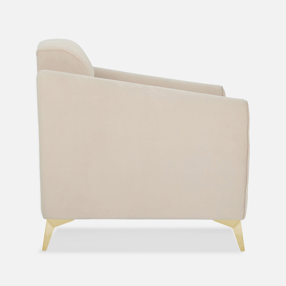 Adorn India Premium Valentino 1 Seater Sofa | Velvet Suede Fabric | 3-Year Warranty | Color Beige with Golden Legs & Striped Pattern Cushion