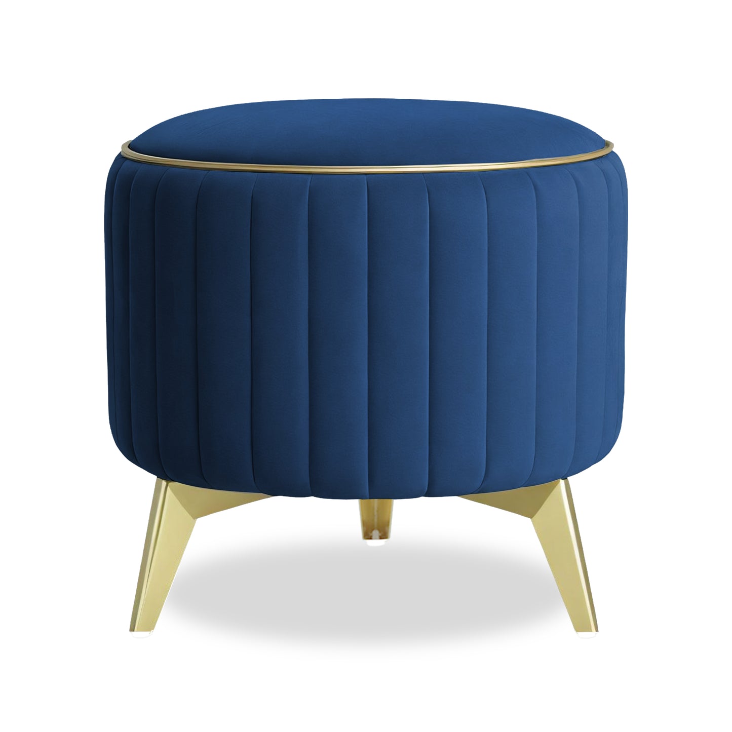 Adorn India Olivia Round 1 Seater Ottoman Pouffe Striped Pattern with Velvet Suede Fabric (Blue)
