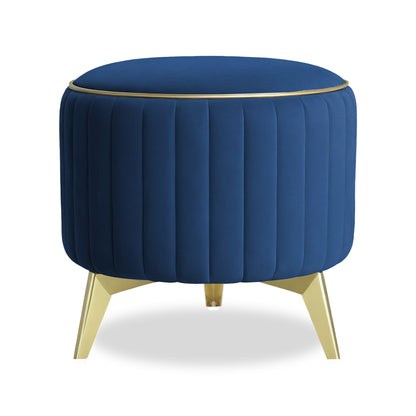 Adorn India Olivia Round 1 Seater Ottoman Pouffe Striped Pattern with Velvet Suede Fabric (Blue)