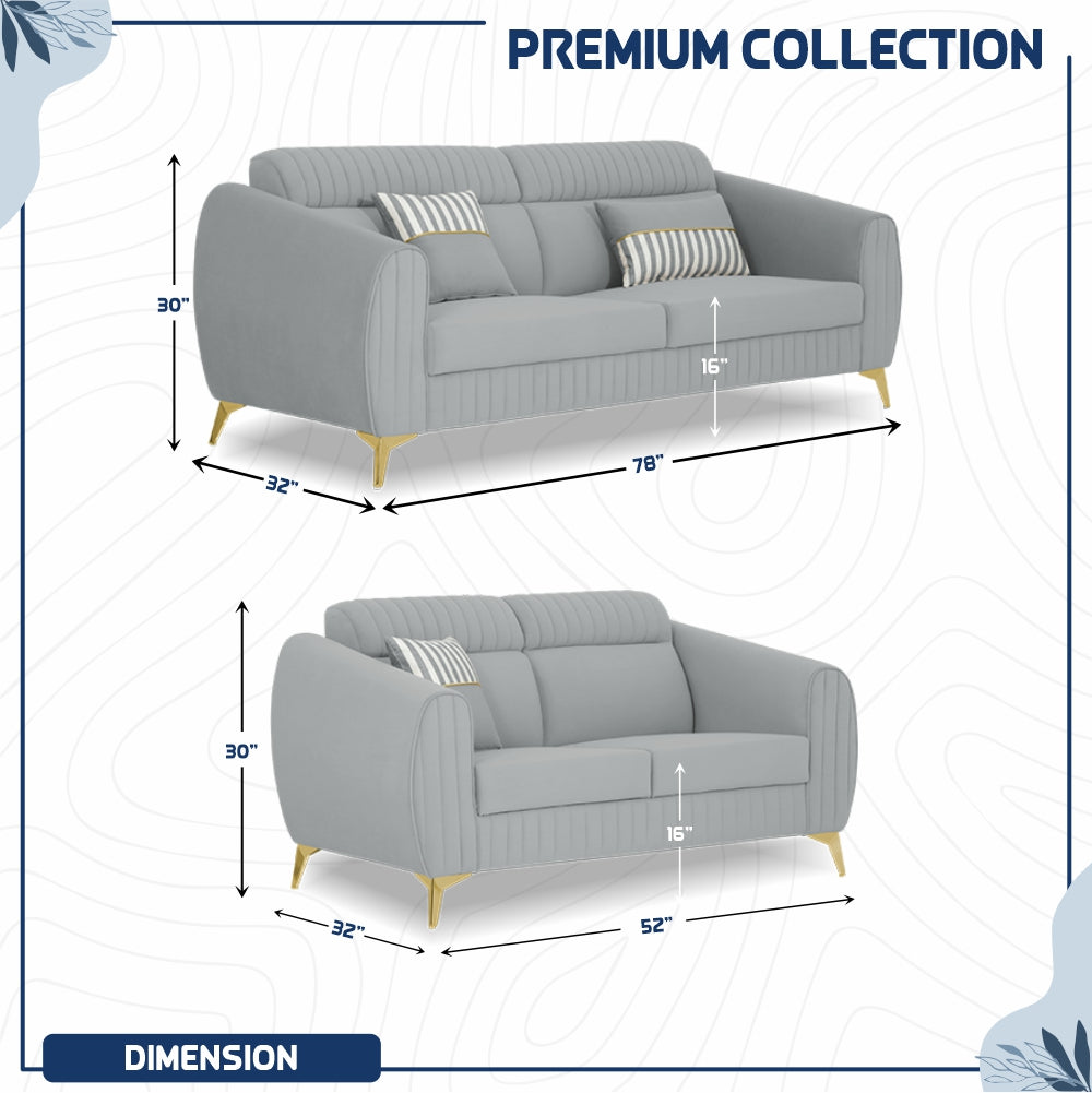 Adorn India Premium Valentino 3-2 Sofa Set | Velvet Suede Fabric | 3-Year Warranty | Color Grey with Golden Legs & Striped Pattern Cushion