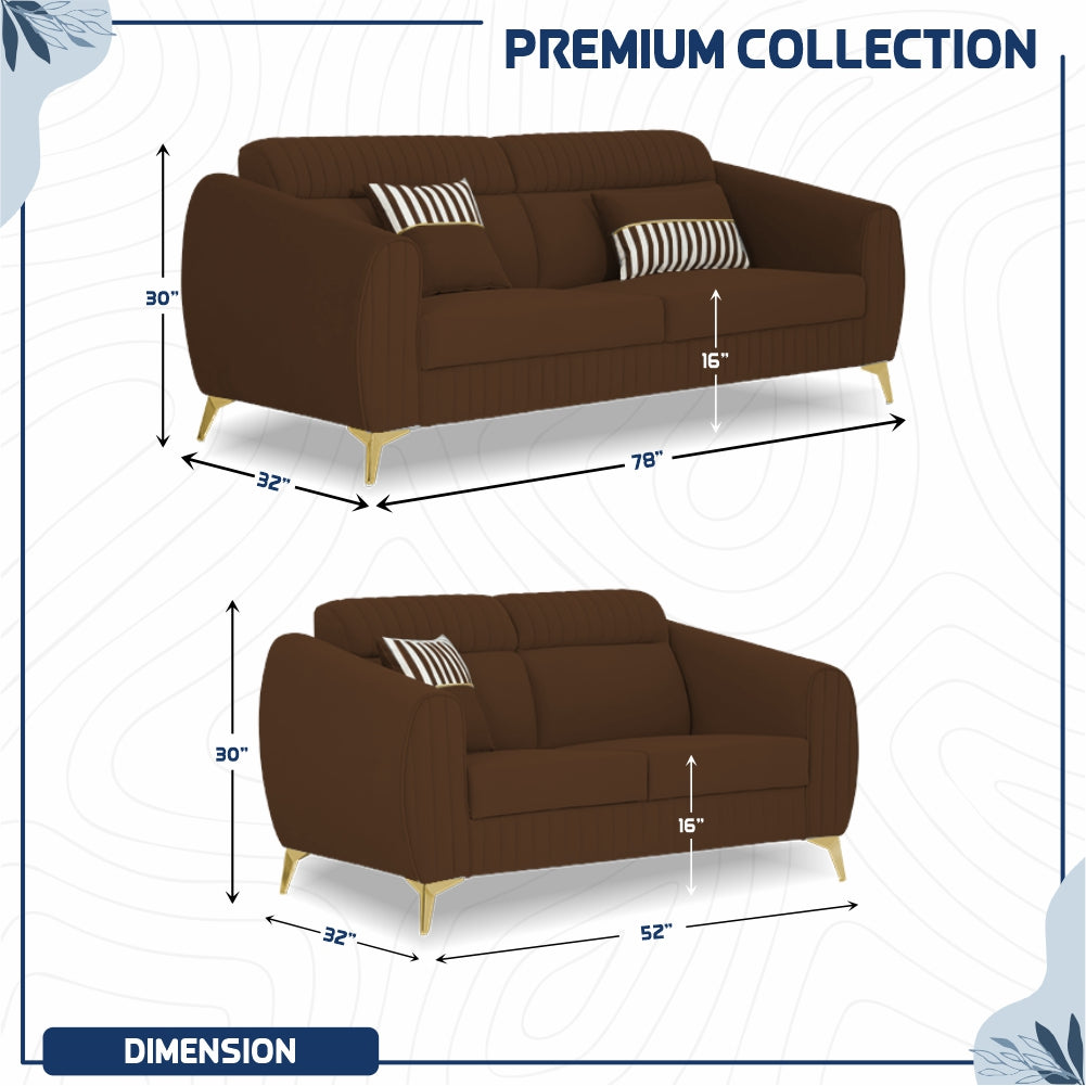 Adorn India Premium Valentino 3-2 Sofa Set | Velvet Suede Fabric | 3-Year Warranty | Color Brown with Golden Legs & Striped Pattern Cushion
