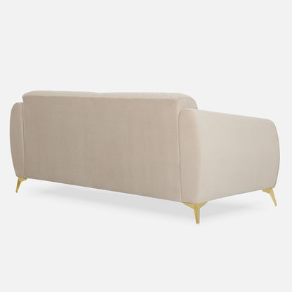 Adorn India Premium Valentino 3 Seater Sofa | Velvet Suede Fabric | 3-Year Warranty | Color Beige with Golden Legs & Striped Pattern Cushion