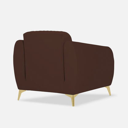 Adorn India Premium Valentino 1 Seater Sofa | Velvet Suede Fabric | 3-Year Warranty | Color Brown with Golden Legs & Striped Pattern Cushion