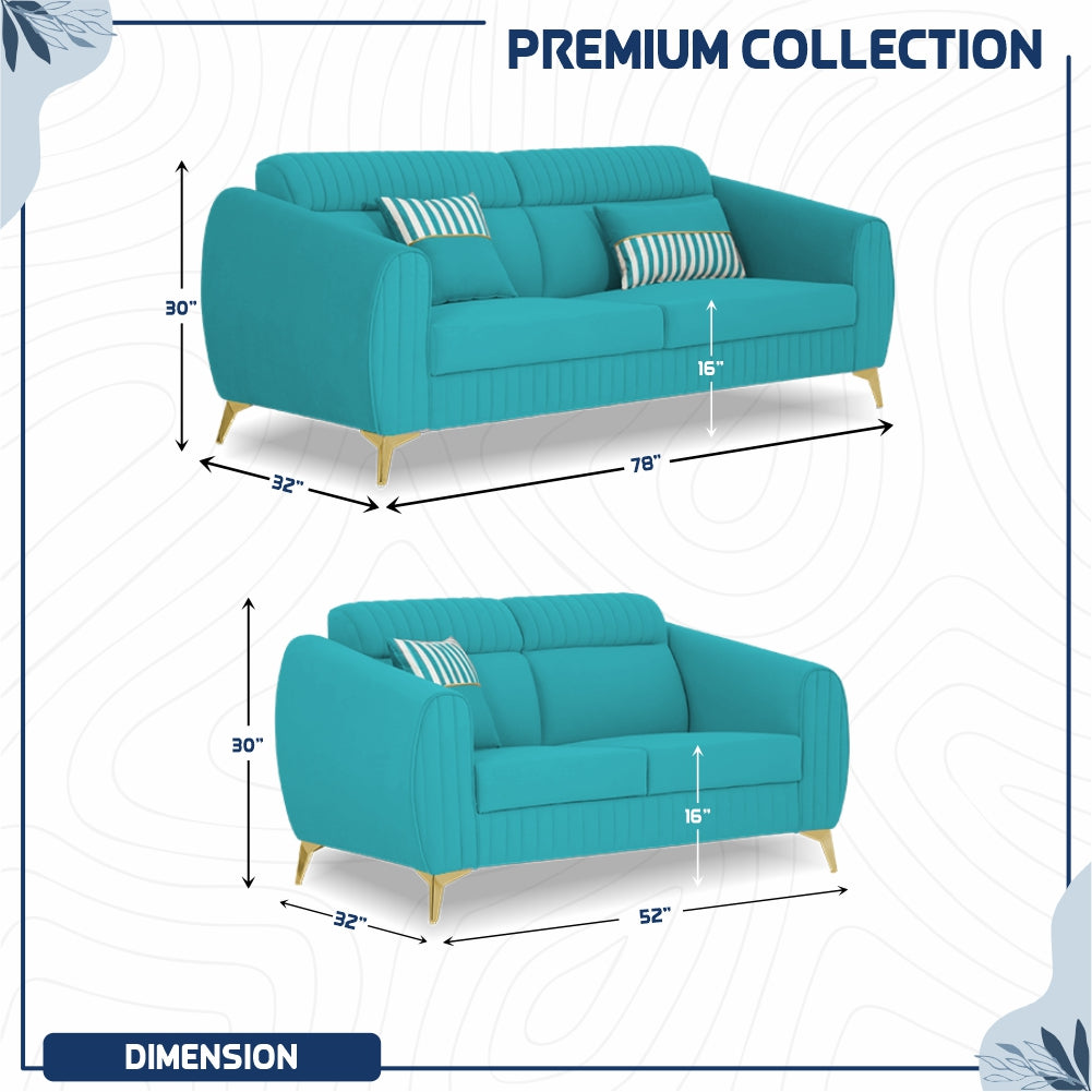 Adorn India Premium Valentino 3-2 Sofa Set | Velvet Suede Fabric | 3-Year Warranty | Color Aqua Blue with Golden Legs & Striped Pattern Cushion