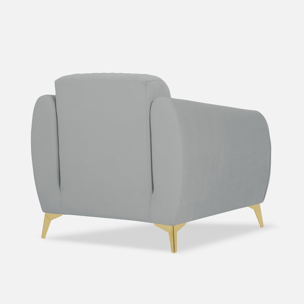 Adorn India Premium Valentino 1 Seater Sofa | Velvet Suede Fabric | 3-Year Warranty | Color Grey with Golden Legs & Striped Pattern Cushion