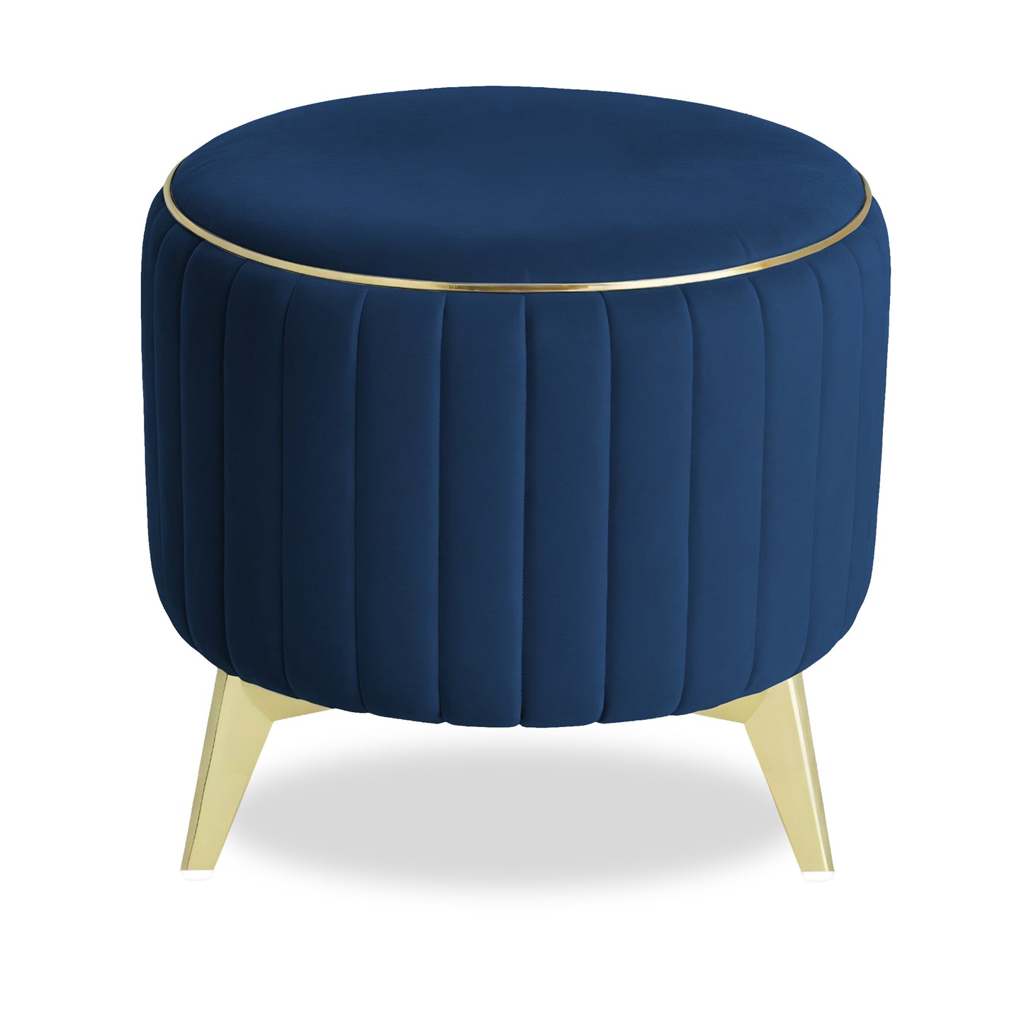 Adorn India Olivia Round 1 Seater Ottoman Pouffe Striped Pattern with Velvet Suede Fabric (Blue)