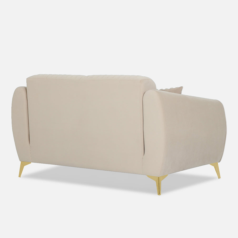 Adorn India Premium Valentino 2 Seater Sofa | Velvet Suede Fabric | 3-Year Warranty | Color Beige with Golden Legs & Striped Pattern Cushion