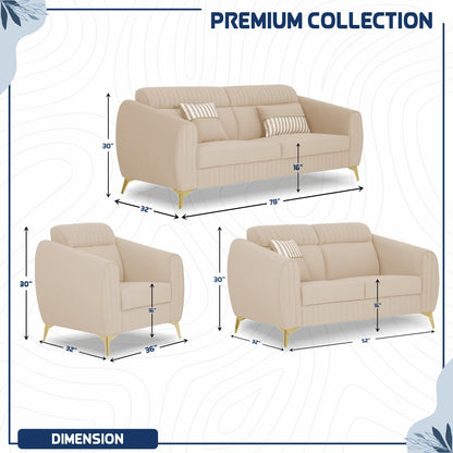 Adorn India Premium Valentino 3-2-1 Sofa Set | Velvet Suede Fabric | 3-Year Warranty | Color Beige with Golden Legs & Striped Pattern Cushion