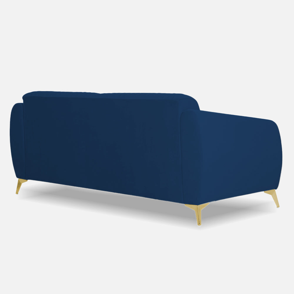 Adorn India Premium Valentino 3 Seater Sofa | Velvet Suede Fabric | 3-Year Warranty | Color Blue with Golden Legs & Striped Pattern Cushion