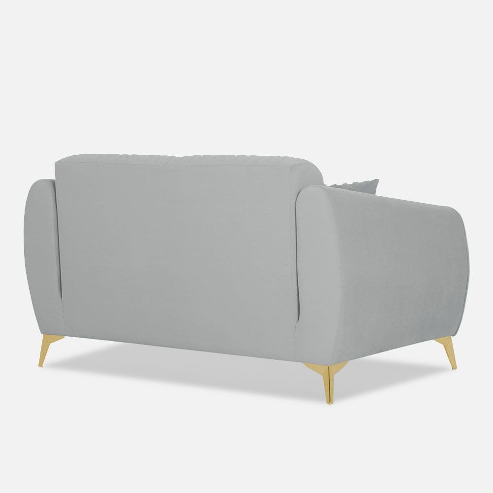 Adorn India Premium Valentino 2 Seater Sofa | Velvet Suede Fabric | 3-Year Warranty | Color Grey with Golden Legs & Striped Pattern Cushion