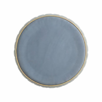 Adorn India Olivia Round 1 Seater Ottoman Pouffe Striped Pattern with Velvet Suede Fabric (Grey)
