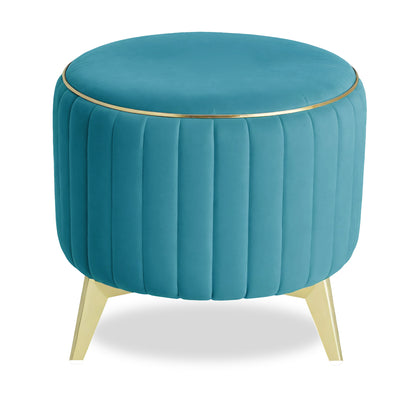 Adorn India Olivia Round 1 Seater Ottoman Pouffe Striped Pattern with Velvet Suede Fabric (Aqua Blue)