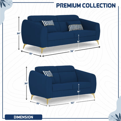 Adorn India Premium Valentino 3-2 Sofa Set | Velvet Suede Fabric | 3-Year Warranty | Color Blue with Golden Legs & Striped Pattern Cushion