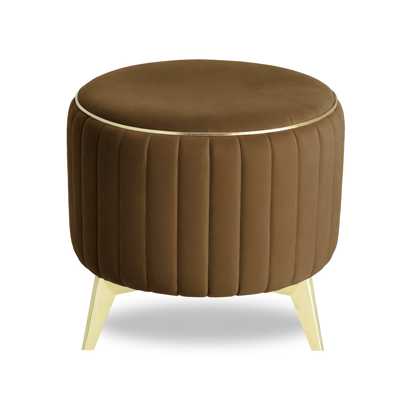 Adorn India Olivia Round 1 Seater Ottoman Pouffe Striped Pattern with Velvet Suede Fabric (Brown)