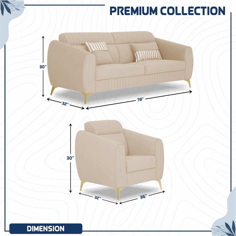 Adorn India Premium Valentino 3-1-1 Sofa Set | Velvet Suede Fabric | 3-Year Warranty | Color Beige with Golden Legs & Striped Pattern Cushion