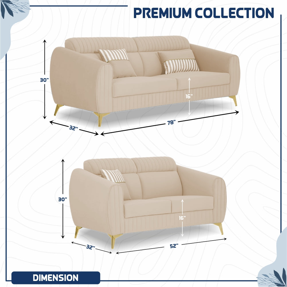 Adorn India Premium Valentino 3-2 Sofa Set | Velvet Suede Fabric | 3-Year Warranty | Color Beige with Golden Legs & Striped Pattern Cushion
