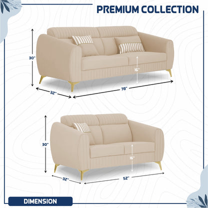 Adorn India Premium Valentino 3-2 Sofa Set | Velvet Suede Fabric | 3-Year Warranty | Color Beige with Golden Legs & Striped Pattern Cushion