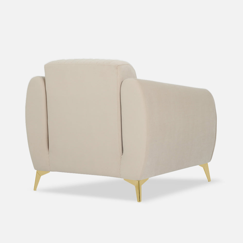Adorn India Premium Valentino 1 Seater Sofa | Velvet Suede Fabric | 3-Year Warranty | Color Beige with Golden Legs & Striped Pattern Cushion