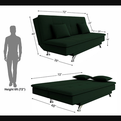 Adorn India Premium New Aspen 3 Seater Sofa Cum Bed 4X6 Velvet Suede with 2 Cushions (Color Green) and Suitable for All Indoor, with 3 Years Warranty