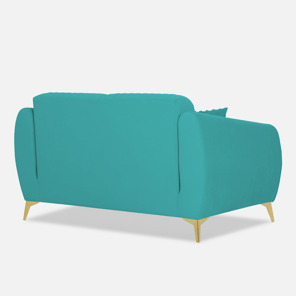 Adorn India Premium Valentino 2 Seater Sofa | Velvet Suede Fabric | 3-Year Warranty | Color Aqua Blue with Golden Legs & Striped Pattern Cushion