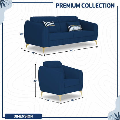 Adorn India Premium Valentino 3-1-1 Sofa Set | Velvet Suede Fabric | 3-Year Warranty | Color Blue with Golden Legs & Striped Pattern Cushion