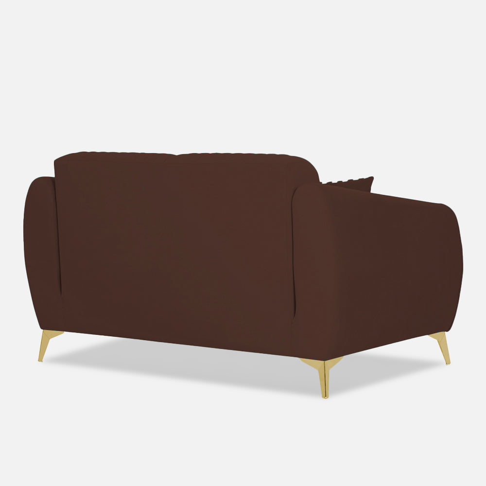 Adorn India Premium Valentino 2 Seater Sofa | Velvet Suede Fabric | 3-Year Warranty | Color Brown with Golden Legs & Striped Pattern Cushion