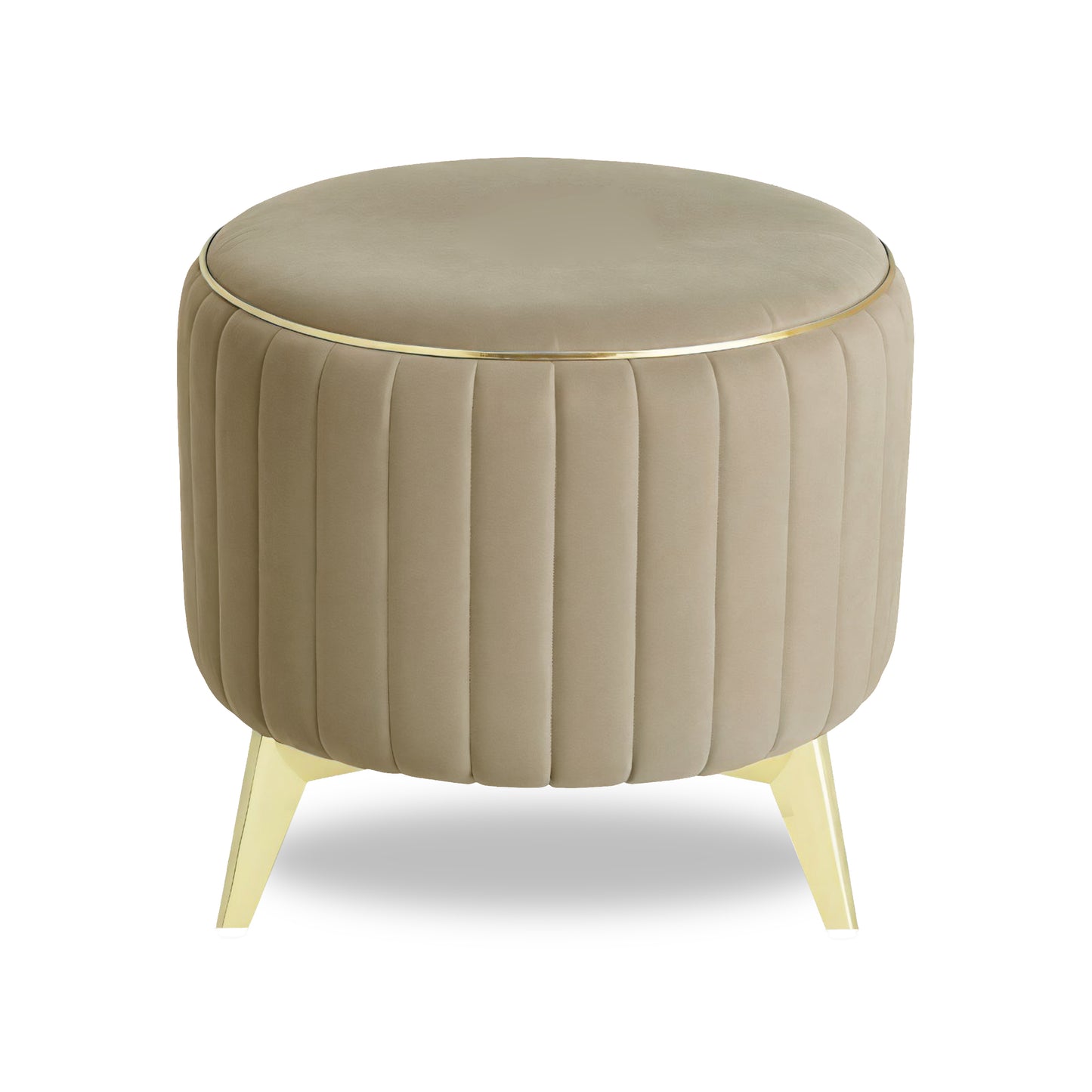 Adorn India Olivia Round 1 Seater Ottoman Pouffe Striped Pattern with Velvet Suede Fabric (Beige)