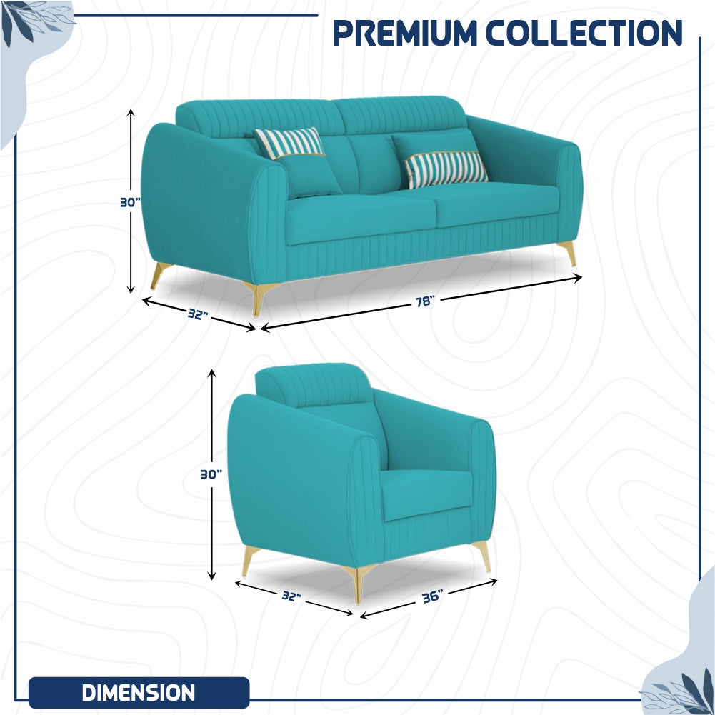 Adorn India Premium Valentino 3-1-1 Sofa Set | Velvet Suede Fabric | 3-Year Warranty | Color Aqua Blue with Golden Legs & Striped Pattern Cushion