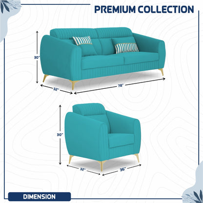 Adorn India Premium Valentino 3-1-1 Sofa Set | Velvet Suede Fabric | 3-Year Warranty | Color Aqua Blue with Golden Legs & Striped Pattern Cushion