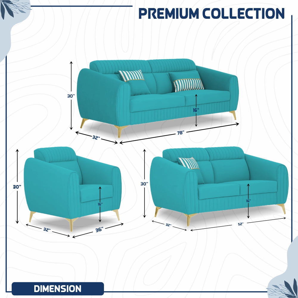 Adorn India Premium Valentino 3-2-1 Sofa Set | Velvet Suede Fabric | 3-Year Warranty | Color Aqua Blue with Golden Legs & Striped Pattern Cushion