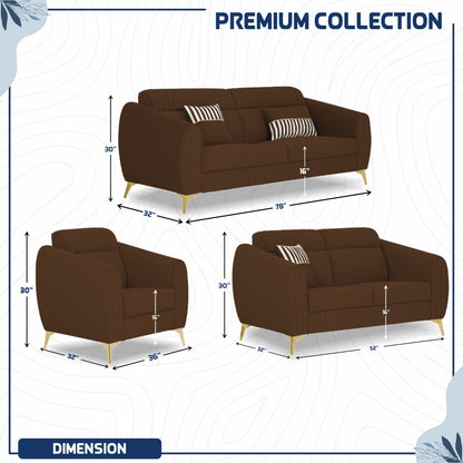 Adorn India Premium Valentino 3-2-1 Sofa Set | Velvet Suede Fabric | 3-Year Warranty | Color Brown with Golden Legs & Striped Pattern Cushion
