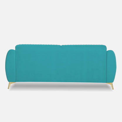 Adorn India Premium Valentino 3 Seater Sofa | Velvet Suede Fabric | 3-Year Warranty | Color Aqua Blue with Golden Legs & Striped Pattern Cushion