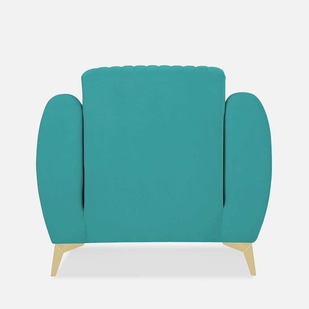 Adorn India Premium Valentino 1 Seater Sofa | Velvet Suede Fabric | 3-Year Warranty | Color Aqua Blue with Golden Legs & Striped Pattern Cushion