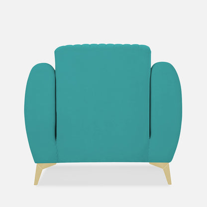 Adorn India Premium Valentino 1 Seater Sofa | Velvet Suede Fabric | 3-Year Warranty | Color Aqua Blue with Golden Legs & Striped Pattern Cushion