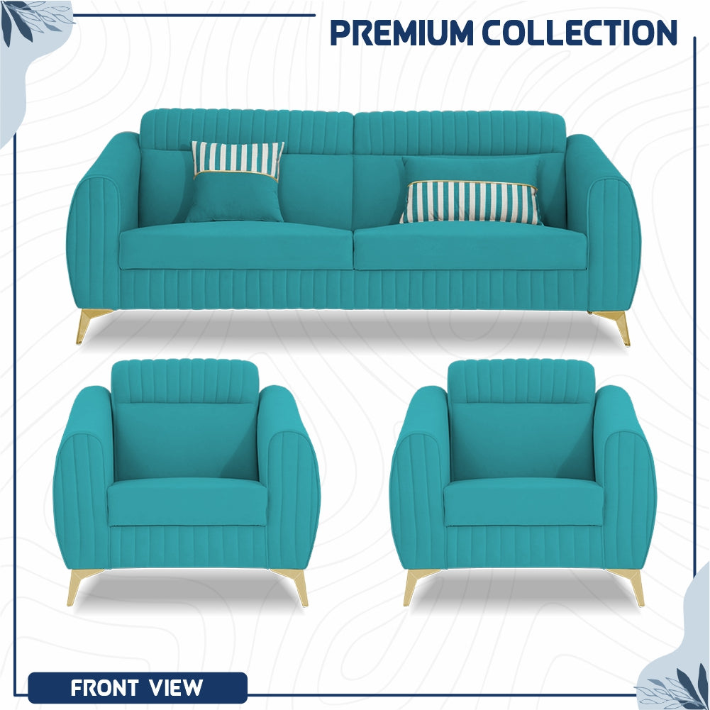 Adorn India Premium Valentino 3-1-1 Sofa Set | Velvet Suede Fabric | 3-Year Warranty | Color Aqua Blue with Golden Legs & Striped Pattern Cushion