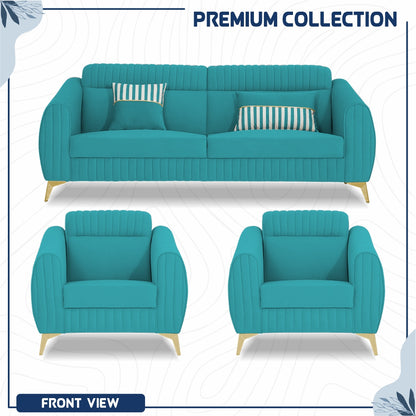Adorn India Premium Valentino 3-1-1 Sofa Set | Velvet Suede Fabric | 3-Year Warranty | Color Aqua Blue with Golden Legs & Striped Pattern Cushion