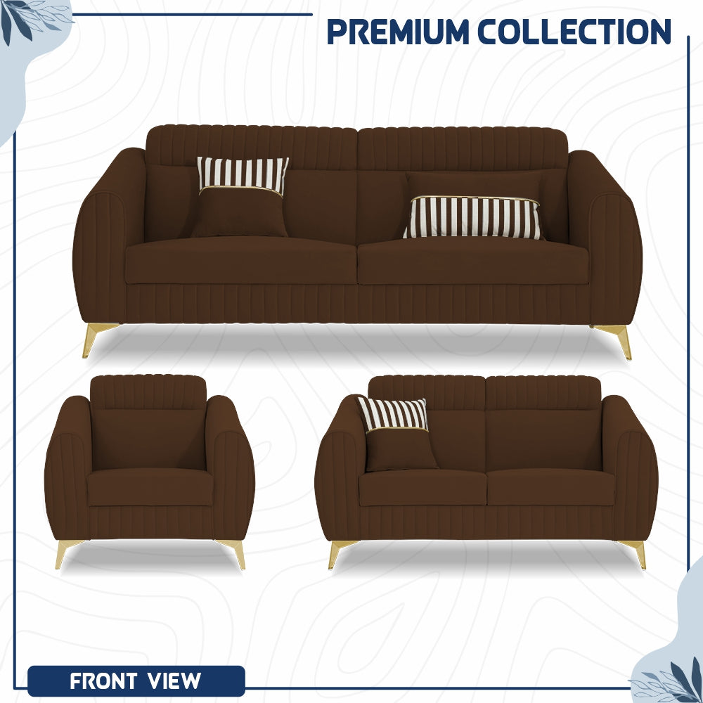 Adorn India Premium Valentino 3-2-1 Sofa Set | Velvet Suede Fabric | 3-Year Warranty | Color Brown with Golden Legs & Striped Pattern Cushion