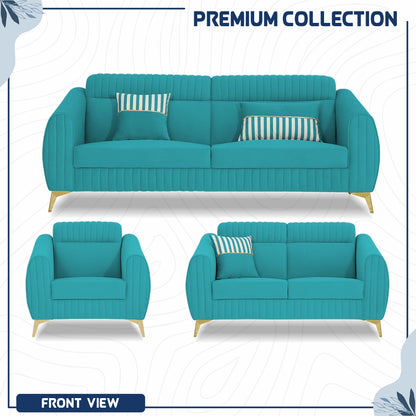Adorn India Premium Valentino 3-2-1 Sofa Set | Velvet Suede Fabric | 3-Year Warranty | Color Aqua Blue with Golden Legs & Striped Pattern Cushion
