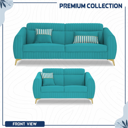 Adorn India Premium Valentino 3-2 Sofa Set | Velvet Suede Fabric | 3-Year Warranty | Color Aqua Blue with Golden Legs & Striped Pattern Cushion