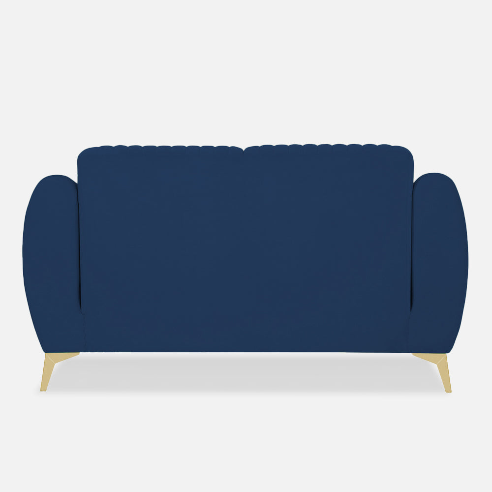 Adorn India Premium Valentino 2 Seater Sofa | Velvet Suede Fabric | 3-Year Warranty | Color Blue with Golden Legs & Striped Pattern Cushion