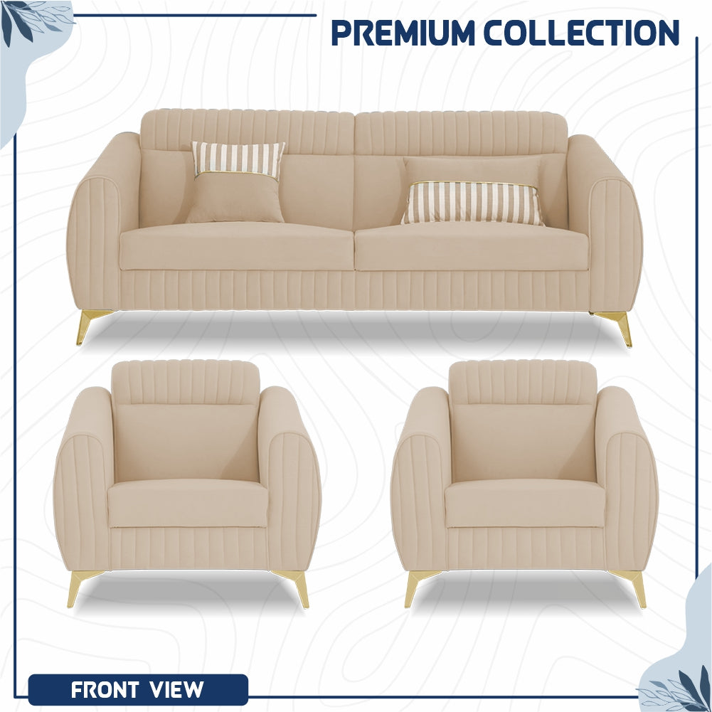 Adorn India Premium Valentino 3-1-1 Sofa Set | Velvet Suede Fabric | 3-Year Warranty | Color Beige with Golden Legs & Striped Pattern Cushion