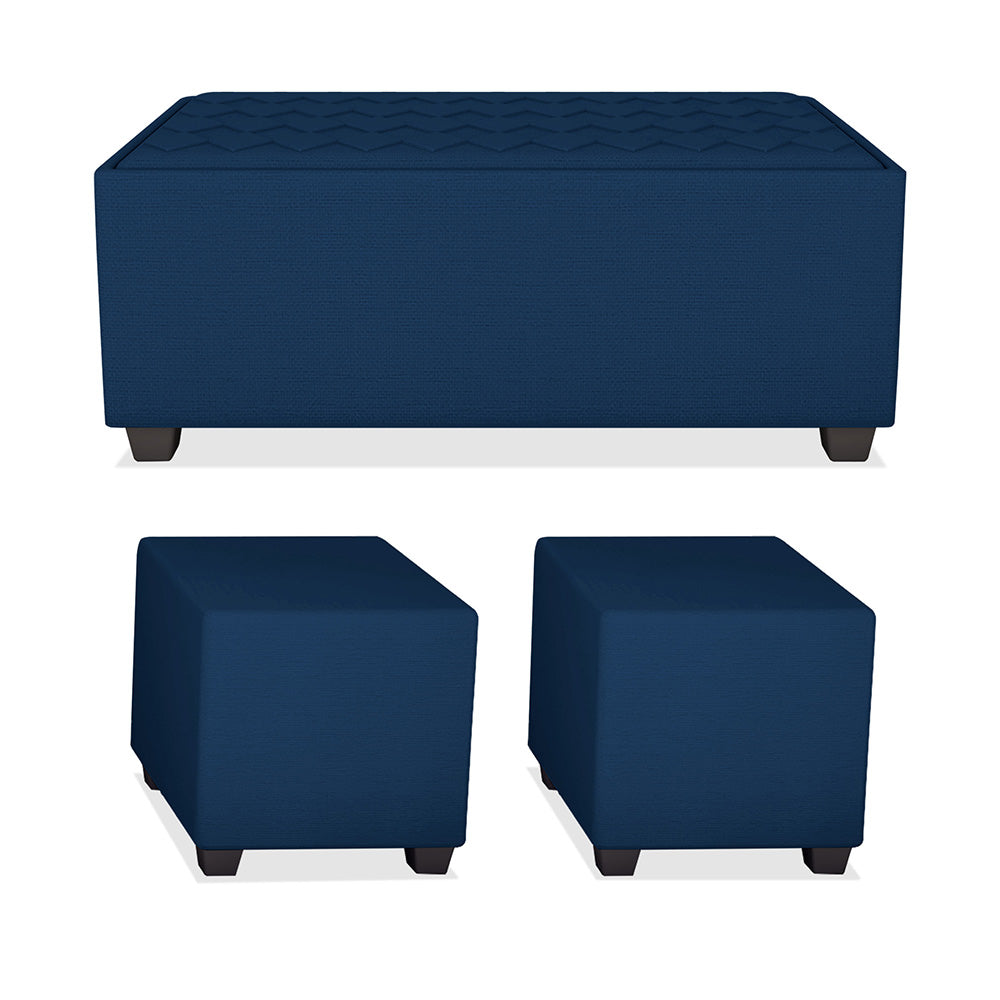 Adorn India Darcy L Shape 8 Seater Sofa Set with Center Table and 2 Ottoman Puffy (LHS) (Blue) (3 Year Warranty)