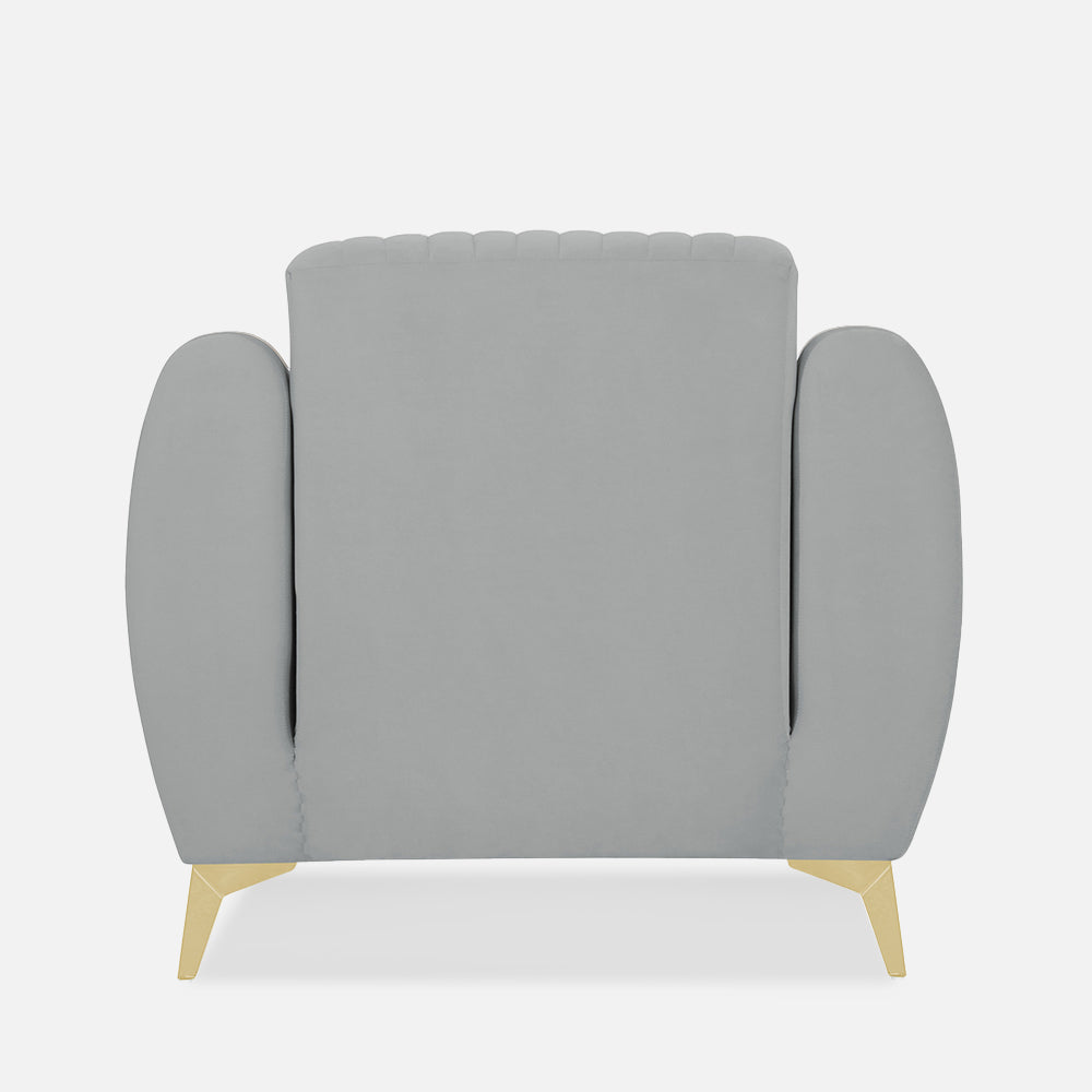 Adorn India Premium Valentino 1 Seater Sofa | Velvet Suede Fabric | 3-Year Warranty | Color Grey with Golden Legs & Striped Pattern Cushion