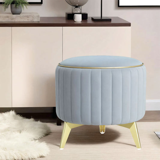 Adorn India Olivia Round 1 Seater Ottoman Pouffe Striped Pattern with Velvet Suede Fabric (Grey)